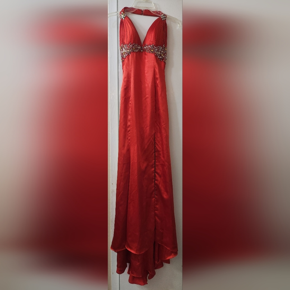 Elegant Satin Red Beaded Evening Gown